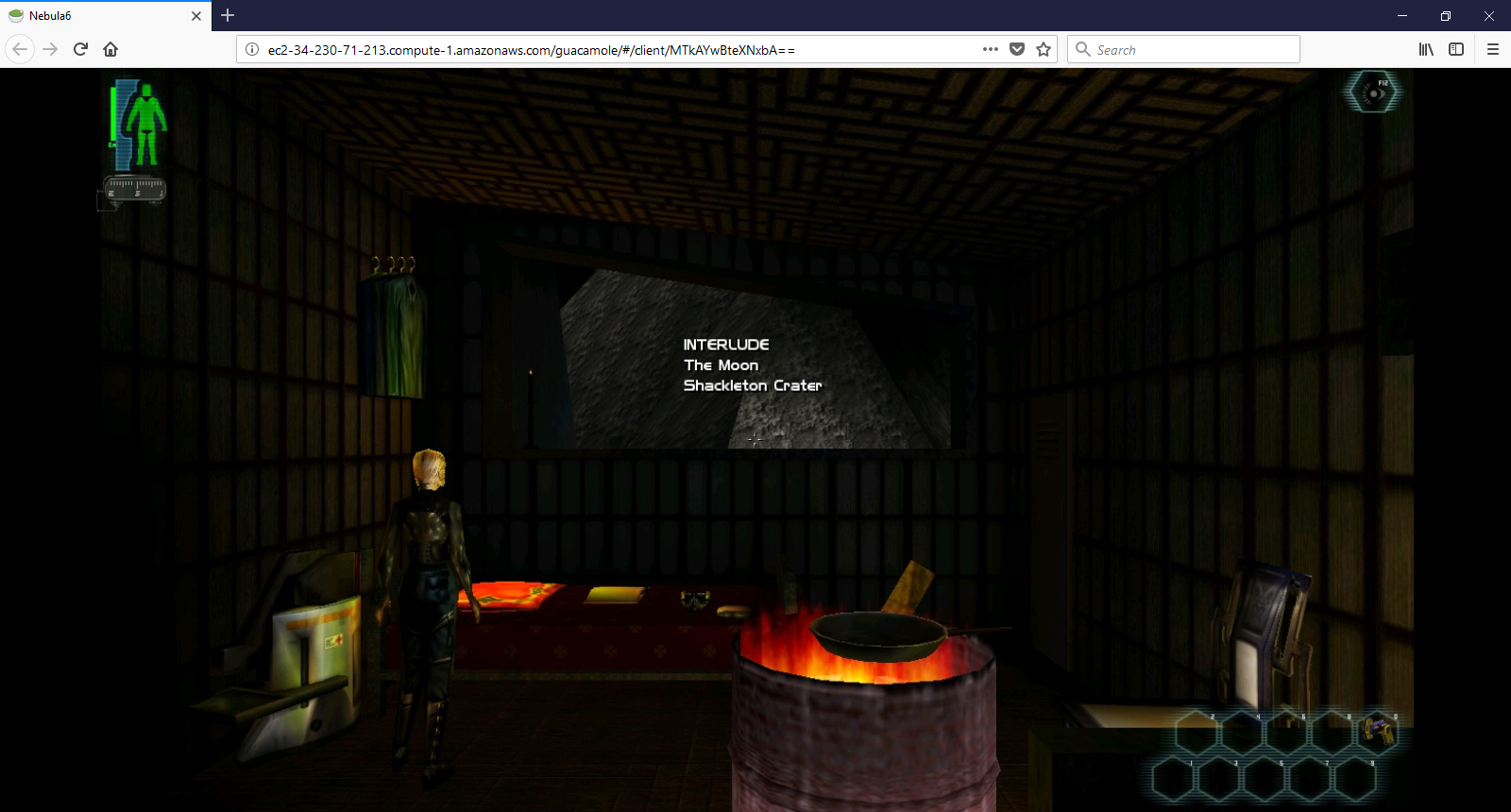 Third-person game scene in a dark interior viewed on a Nebula cloud desktop